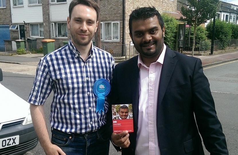 John Oxley, the Conservative candidate, with Anam Islam, the Labour candidate