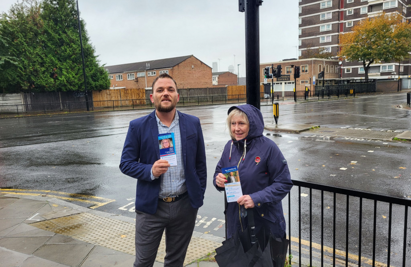 James Clifford and Susan Hall standing at the junction of Plaistow High Street and Clegg Street