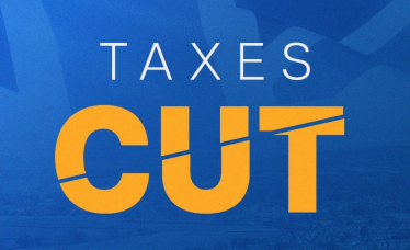 The words Taxes Cut with the latter cut through